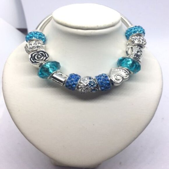 Silver Twist Bracelet with Silver and Blue Crystal Beads with Center Heart charm - Picture 1 of 3